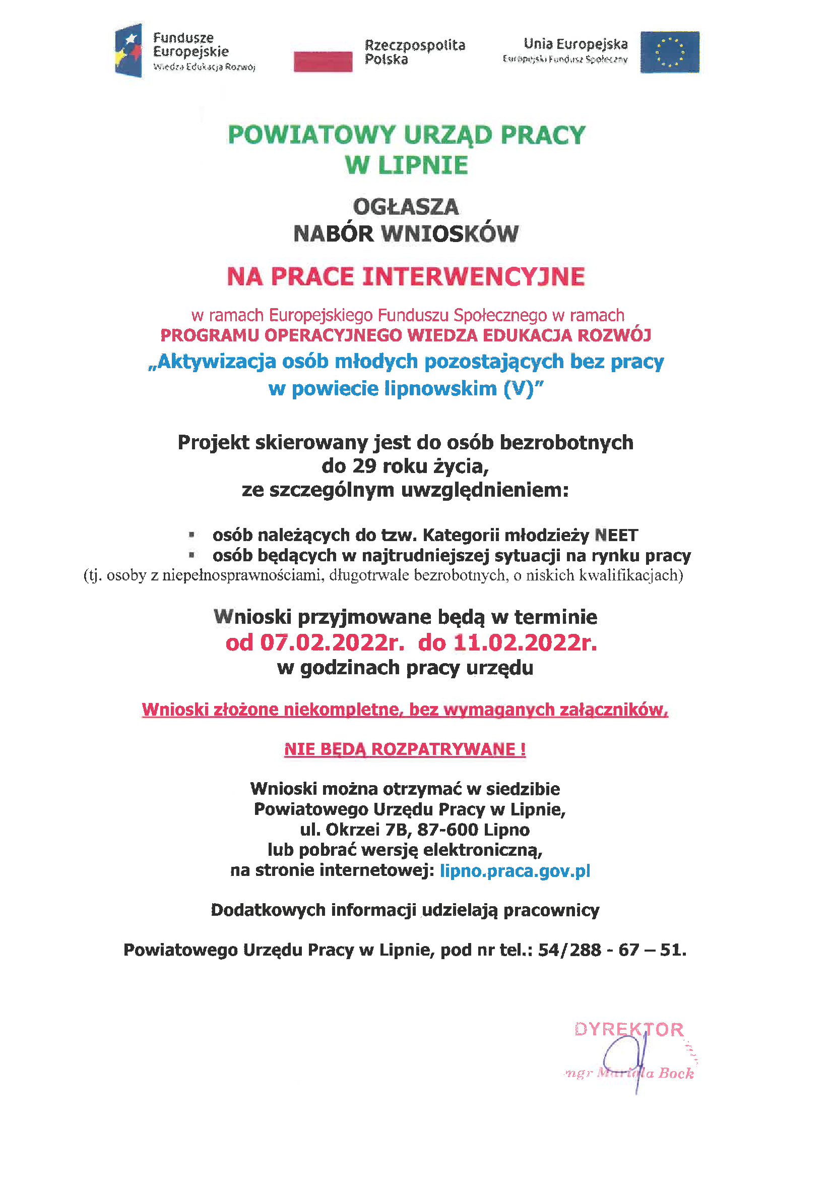 Nabór wniosków na prace interwencyjne w ramach POWER V